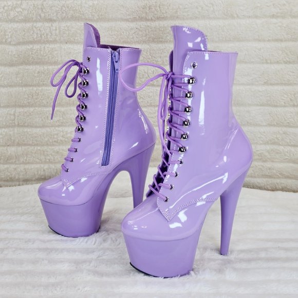 Lavender Lilac Purple Patent Platform 7" Heel Lace Up Ankle Boots - Picture 7 of 13